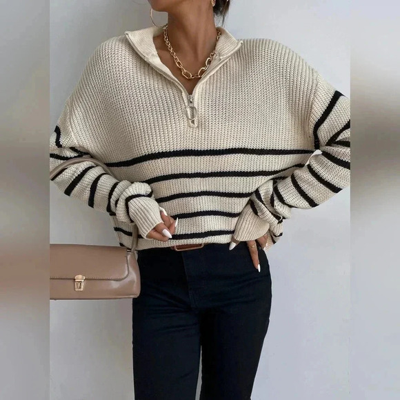 Striped Drop Shoulder Zipper Front Sweater - Picture 5 of 6
